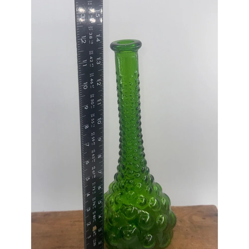 Vintage Green Glass Hobnail Genie Bottle Vase Mid Century Modern Decor 13.5 Inch